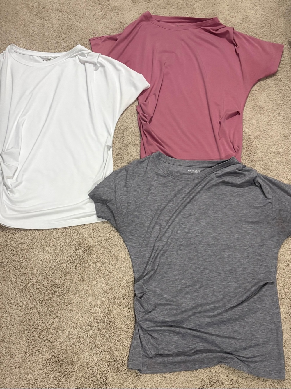 Athleta Short Sleeve Ruched Tee in White, Mauve, and Gray